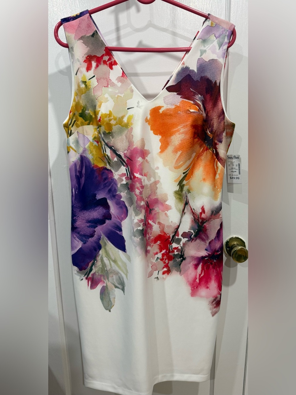 Floral V-Neck Sleeveless Dress - White with Multi-Color Bloom